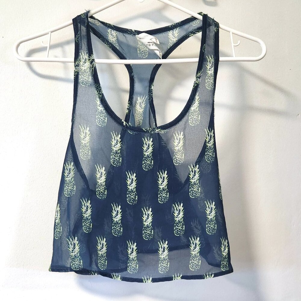 Crop tank top in dark blue and green with pineapple pattern sheer see-through